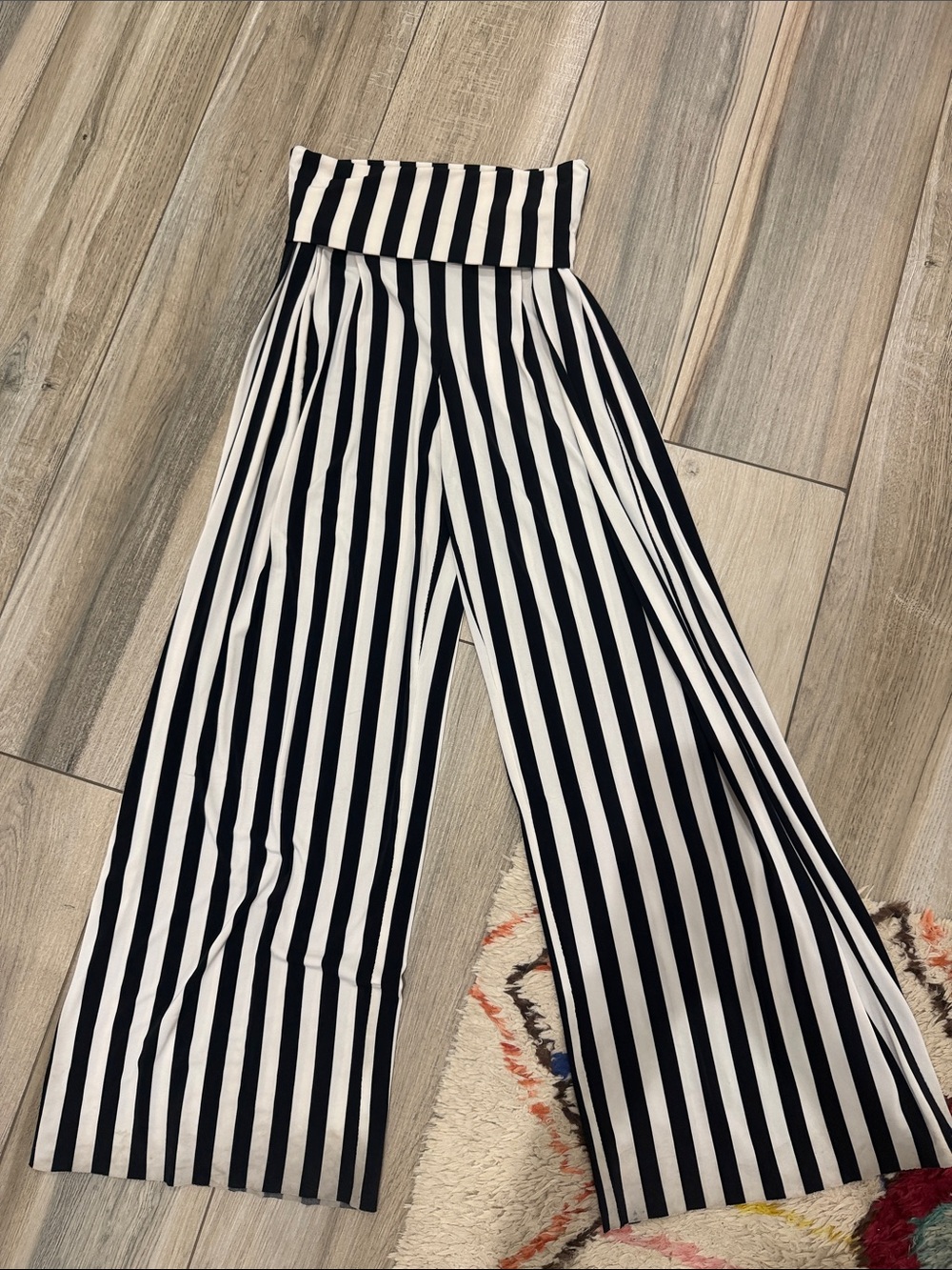 Norma Kamali Black & White Vertical Stripe Wide-Leg Pants
